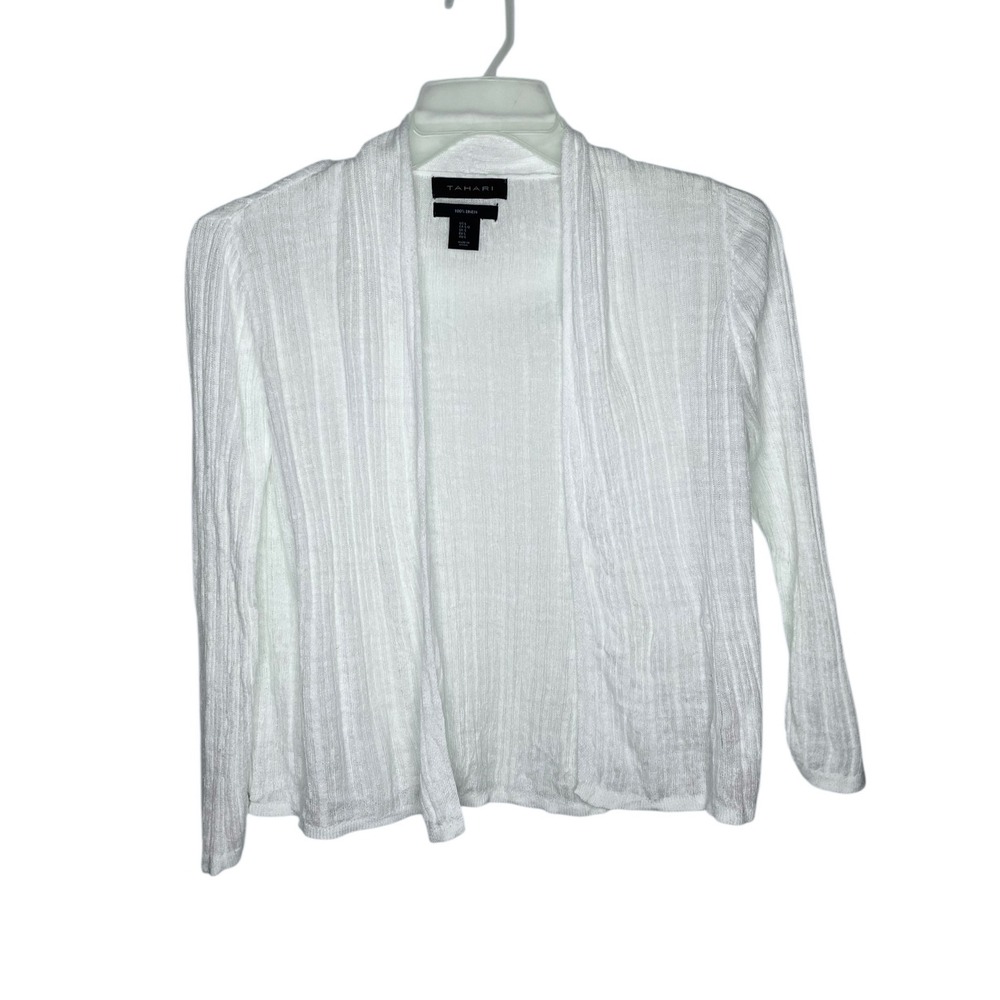 Tahari Womens White 100% Linen Open Front Ribbed Cardigan Sweater Large